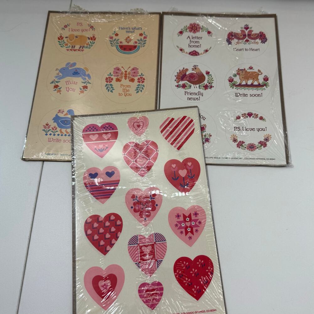 Lot of 3 (12 sheets) Vintage 1980s Stickers Valentines Heart Current